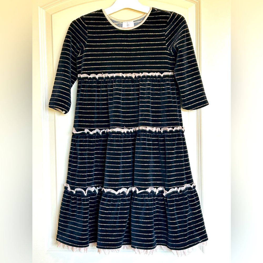 Sz8 Hanna Andersson Striped Lurex Velour Dress - Picture 1 of 7